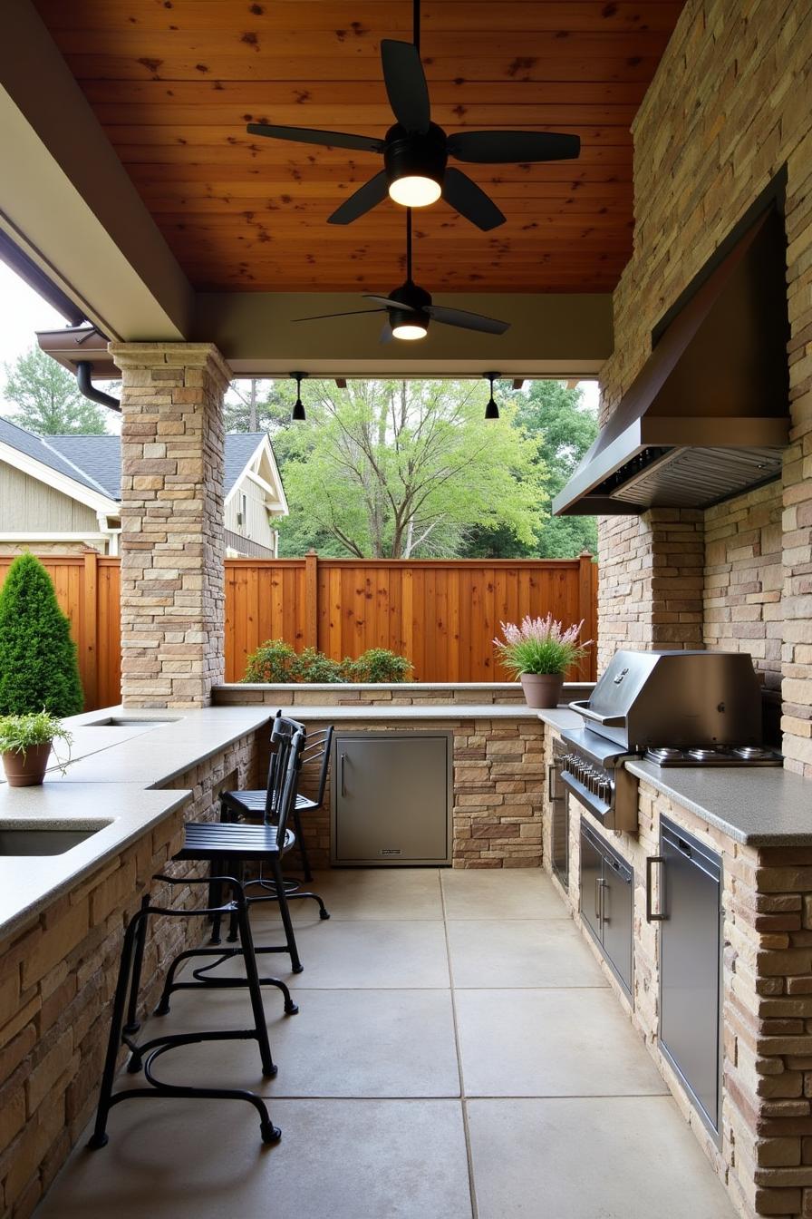 Stylish outdoor kitchen with stone and wood elements