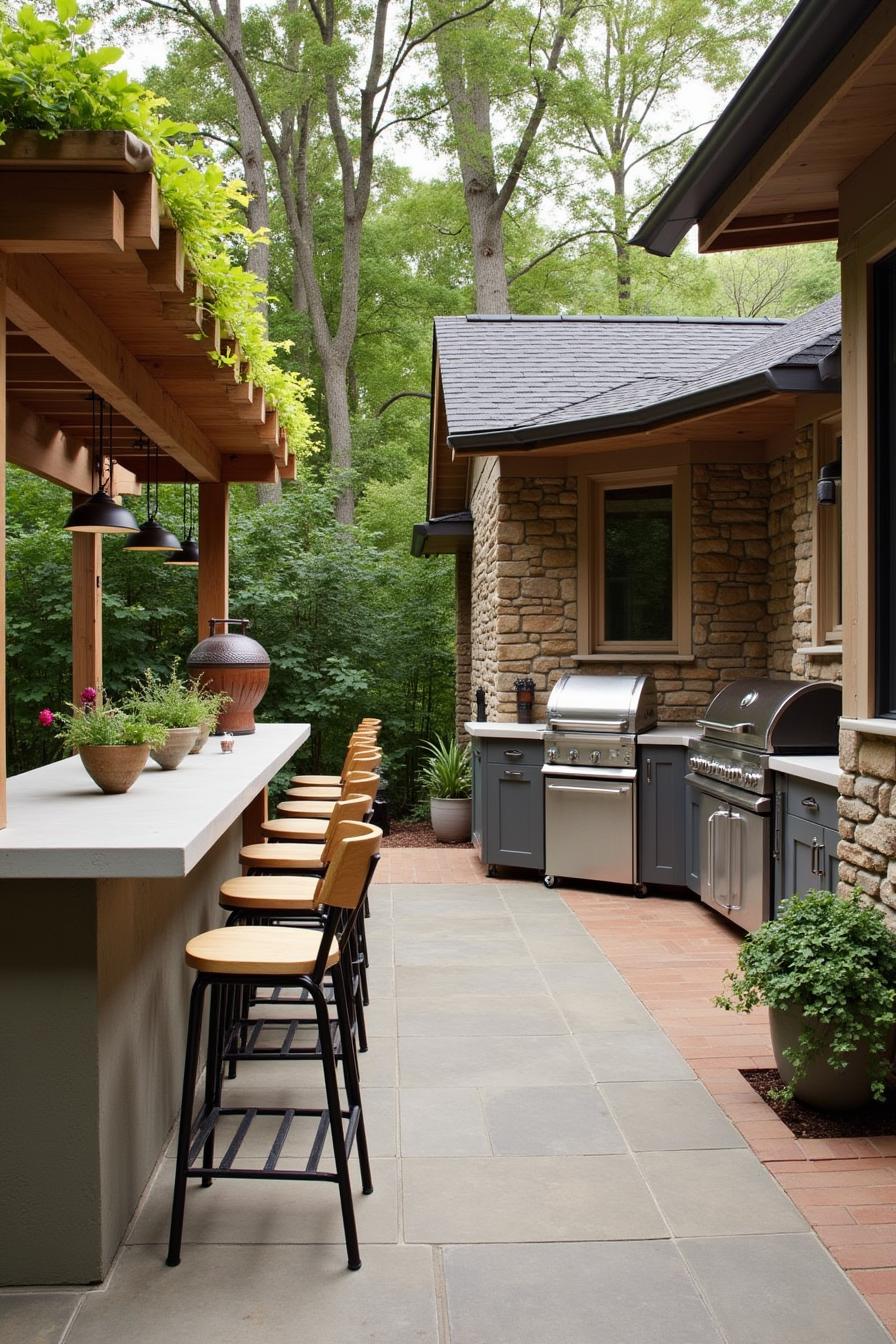 Nature-inspired outdoor kitchen with bar seating and grills