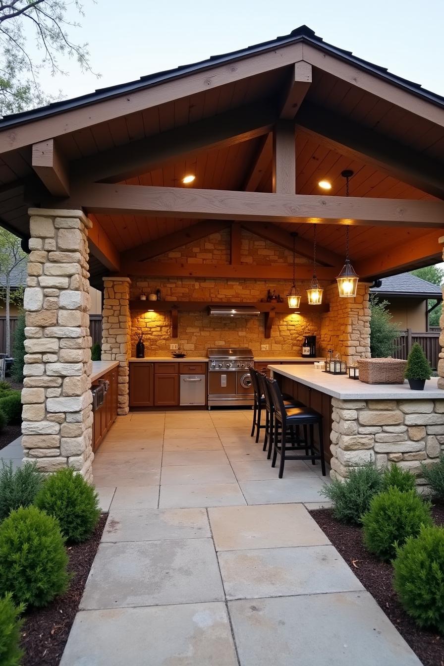 Outdoor kitchen with a rustic stone design and warm lighting