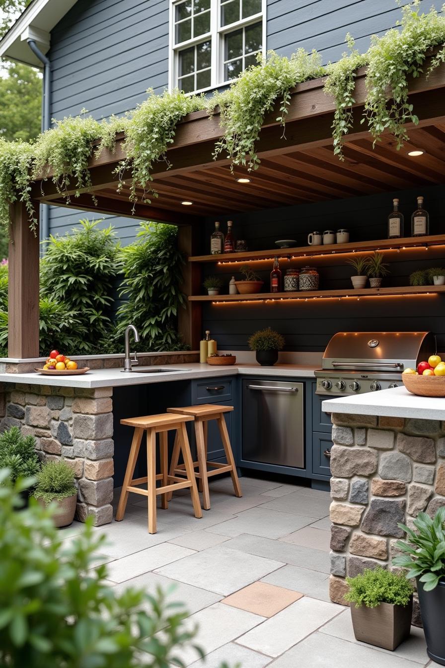 Outdoor kitchen with stone accents and greenery