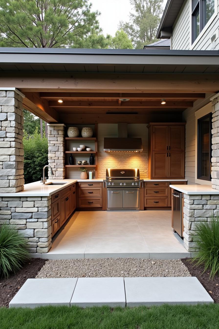 Cozy stone kitchen with grill and open shelves