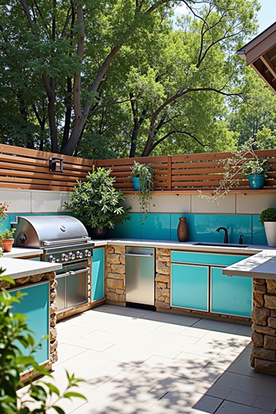 Bright outdoor kitchen with turquoise cabinets and natural accents