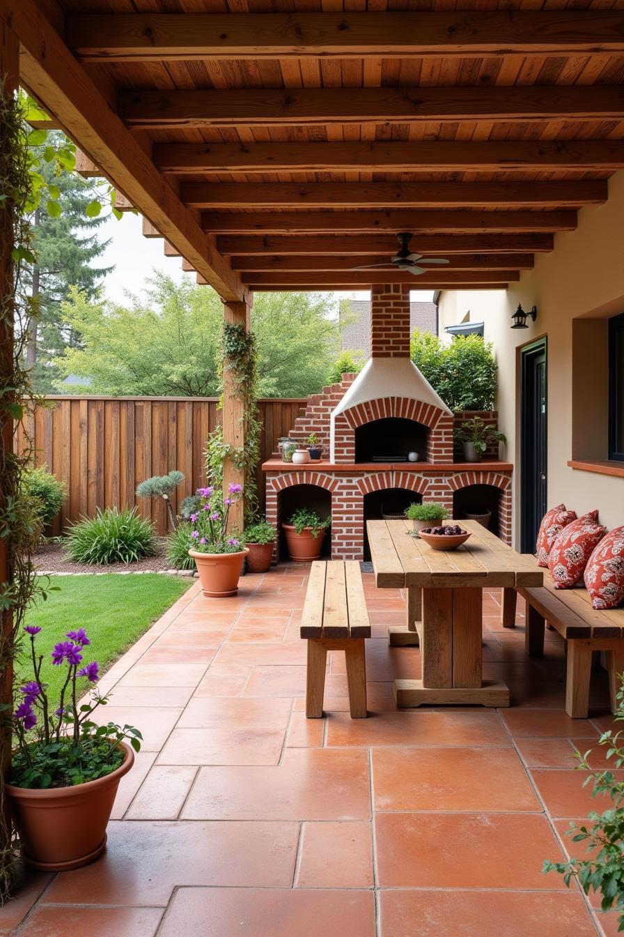 Charming outdoor kitchen with wooden pergola and brick oven