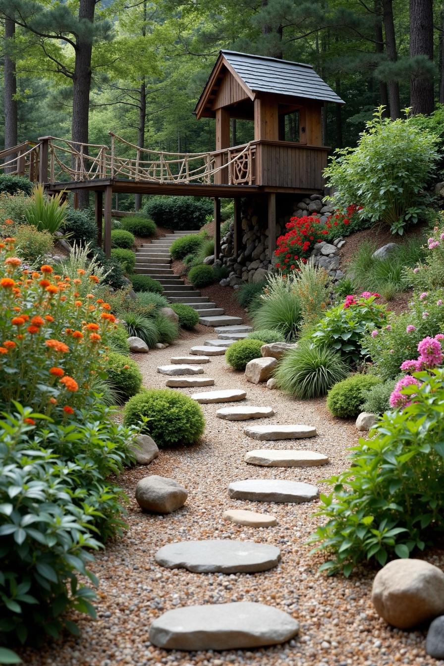 Lush hillside with a wooden bridge and vibrant flowers