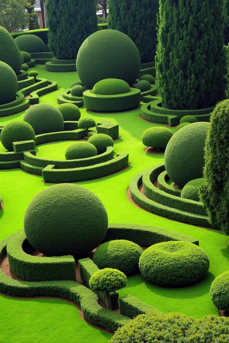 Lush, meticulously trimmed hedges forming spirals and spheres