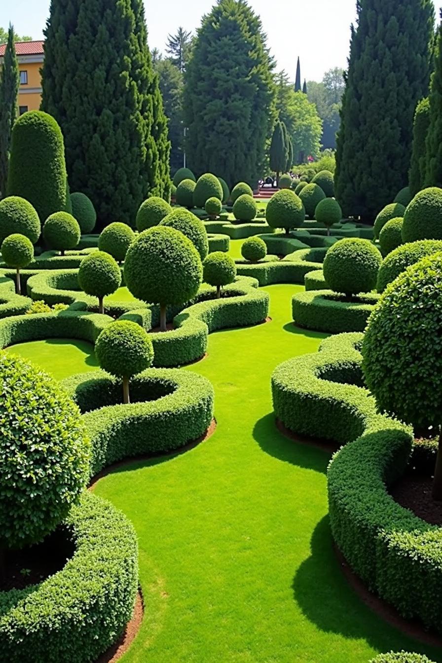 Topiary garden with swirling hedges and spherical shrubs