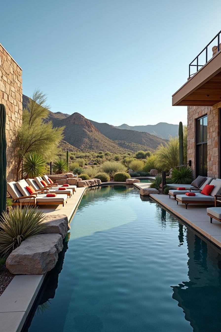 Modern pool with desert plants and mountain backdrop