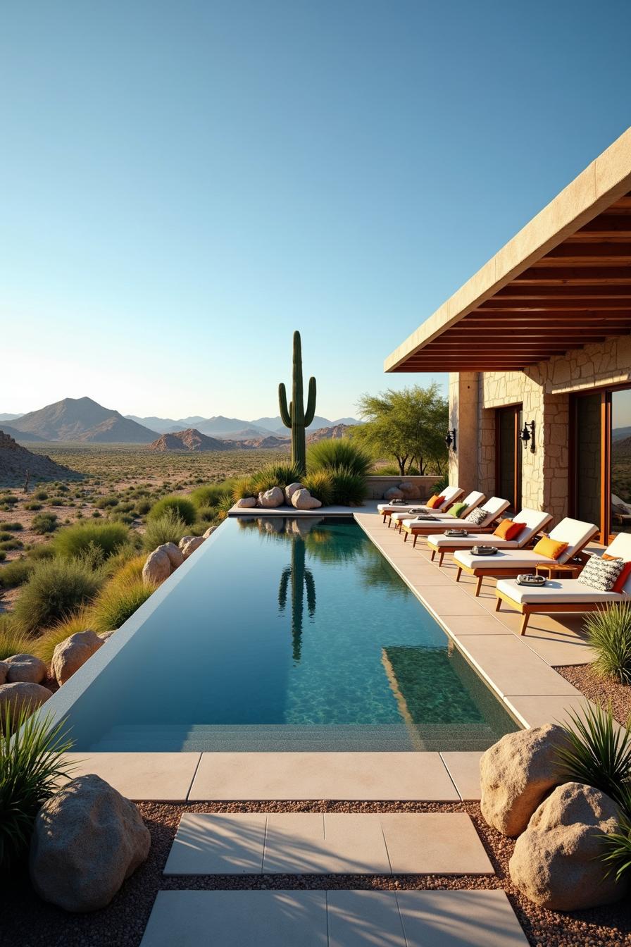 A modern desert backyard garden exudes a serene and luxurious aesthetic featuring an elegant infinity pool that mirrors the expansive blue sky. The