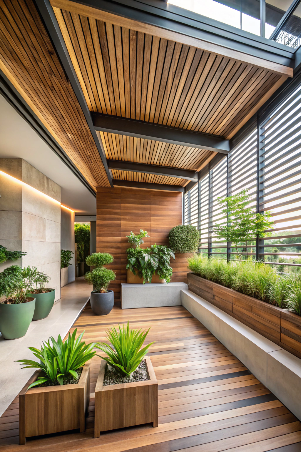 Contemporary terrace with wooden elements and lush greenery