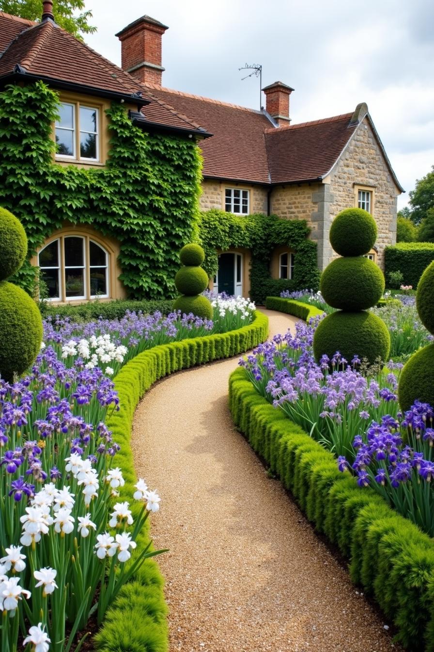 A quintessential English country garden with a picturesque rustic aesthetic showcases winding paths bordered by neat hedges and vibrant flowerbeds