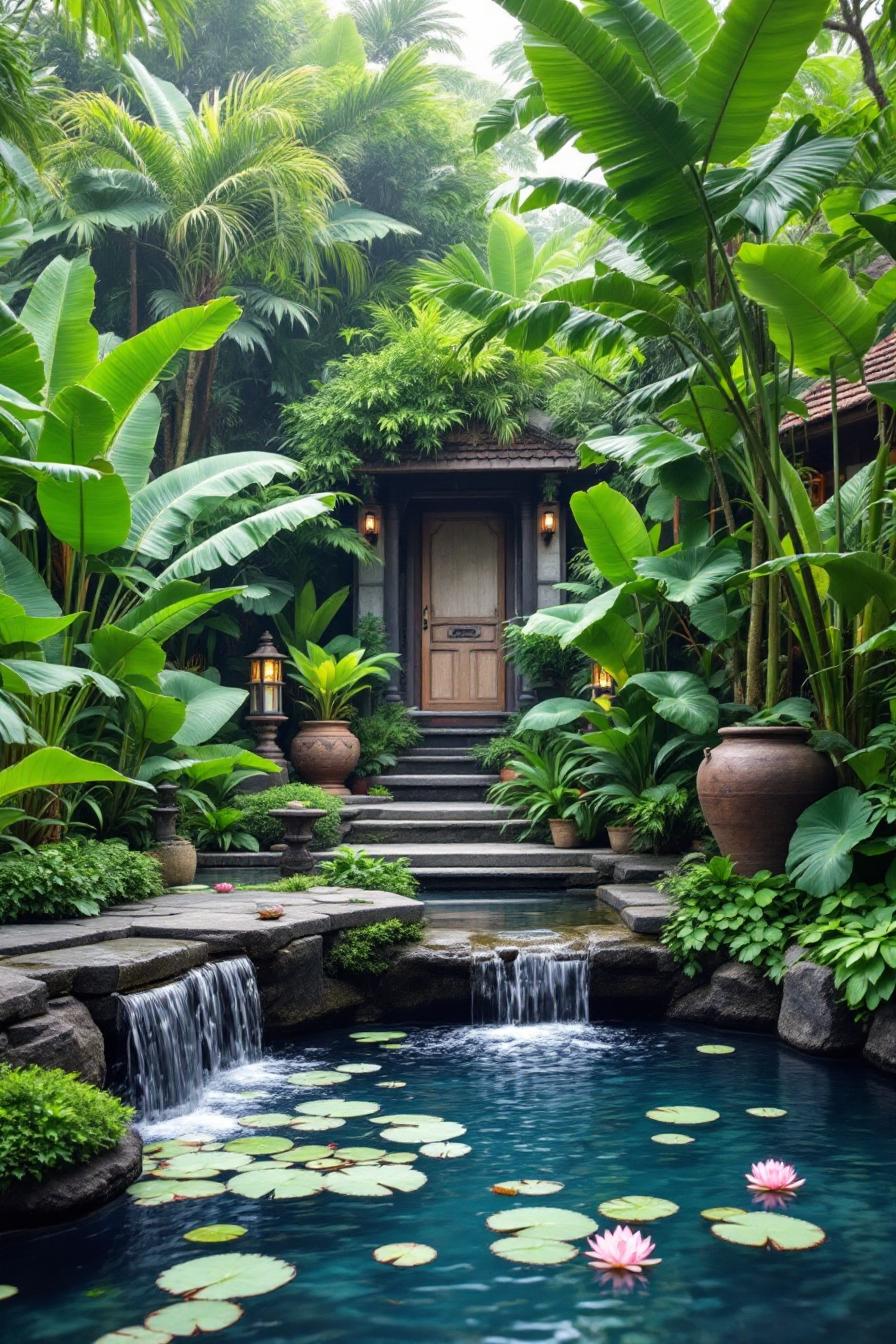 Balinese garden with lush foliage and tranquil pond