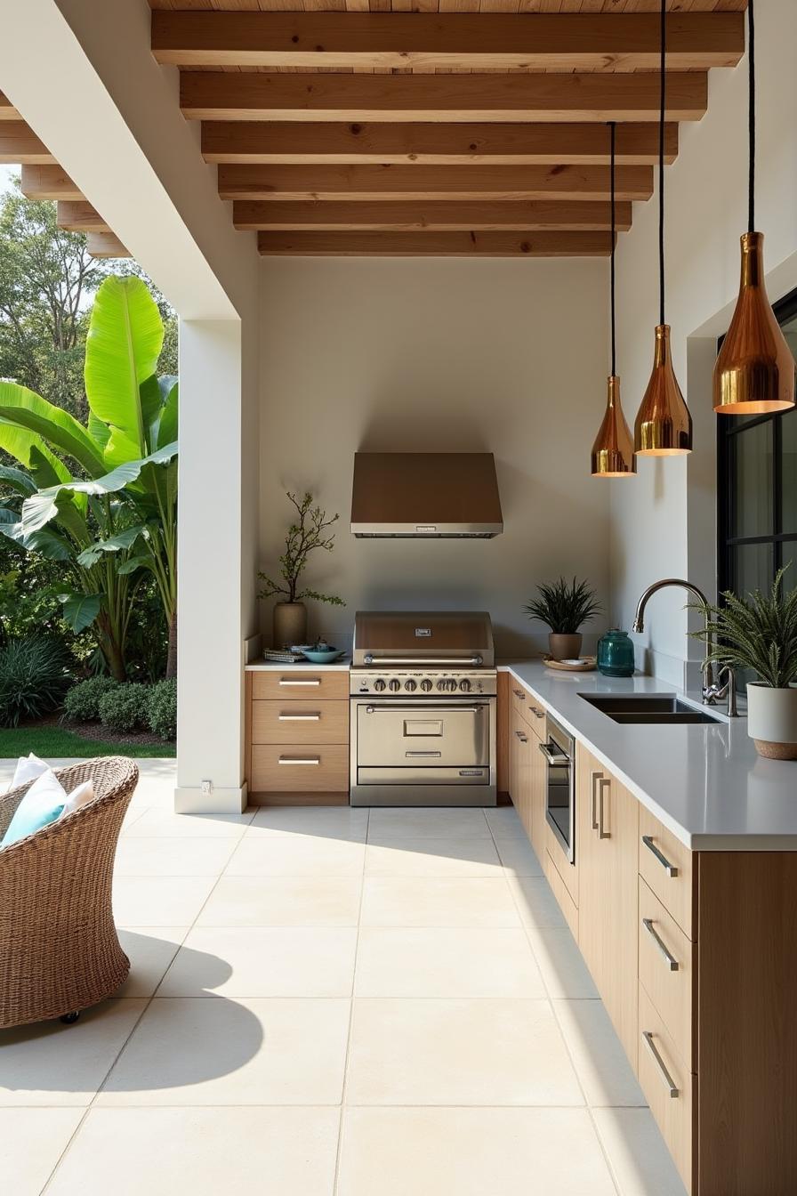 Outdoor kitchen with wooden beams and leafy plants