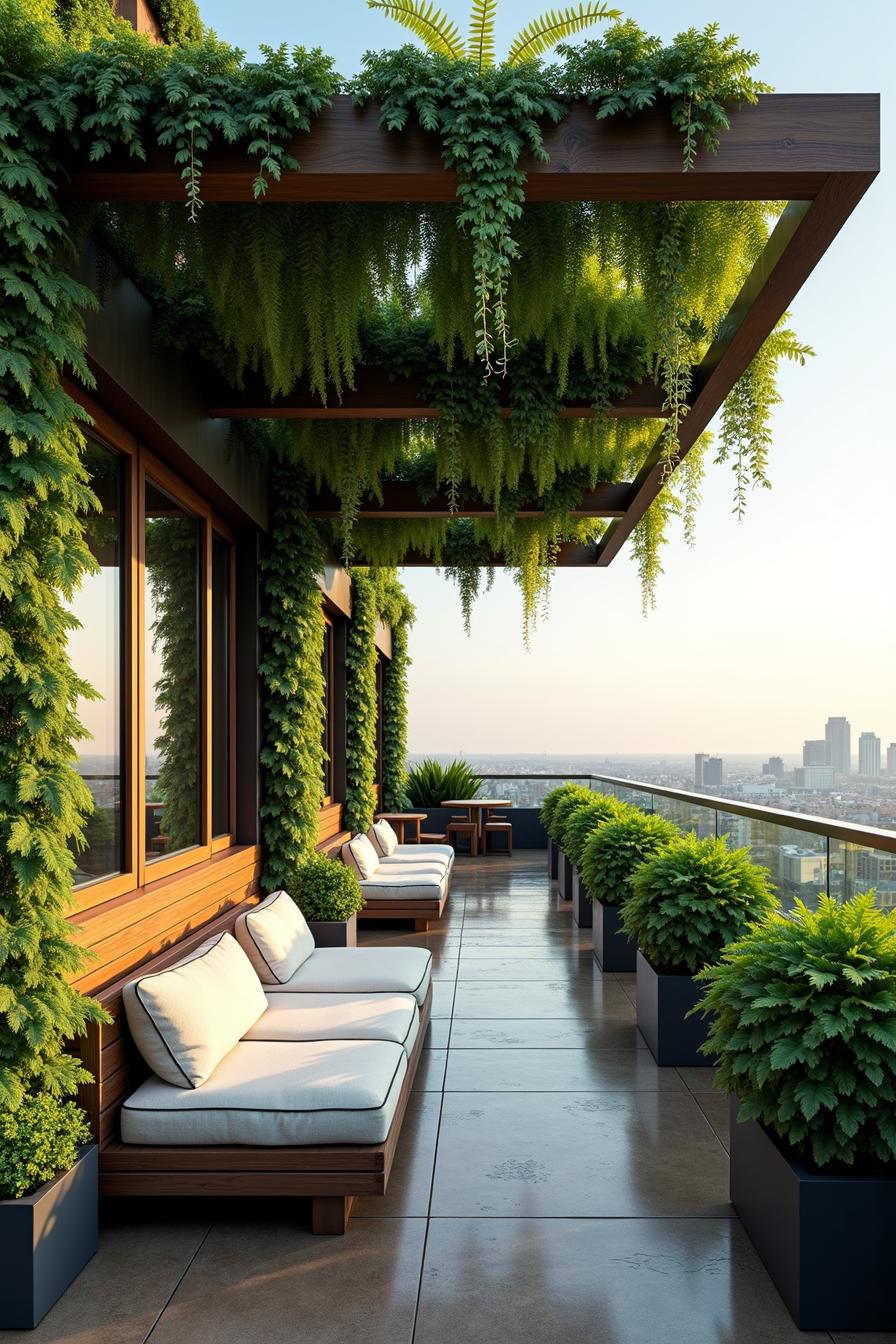 Lush rooftop garden with city view