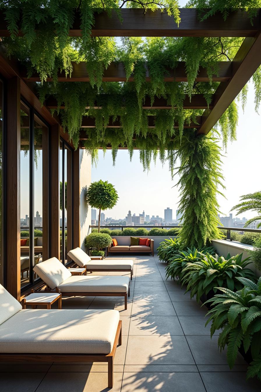 Rooftop terrace with lounge chairs and greenery