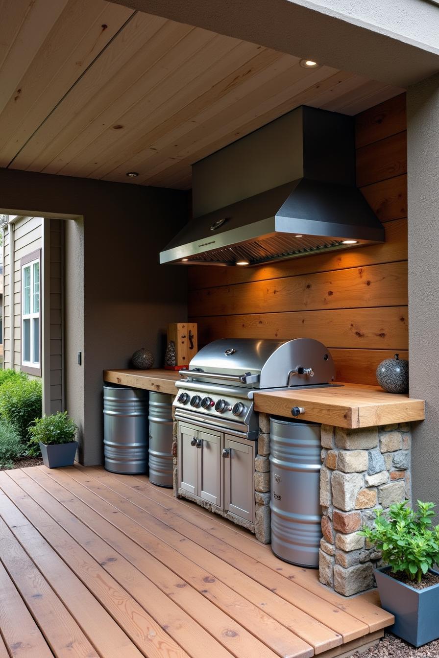 Rustic outdoor kitchen with a stone and wood theme