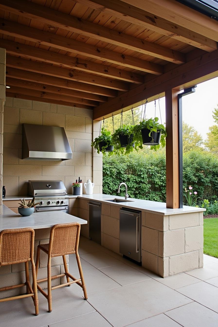 Outdoor kitchen with hanging plants and grill