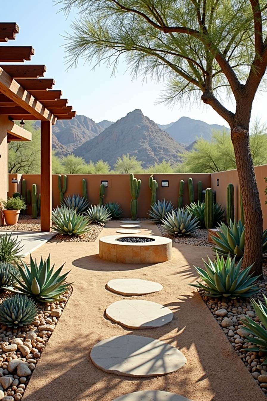 Desert backyard with circular pathway and fire pit