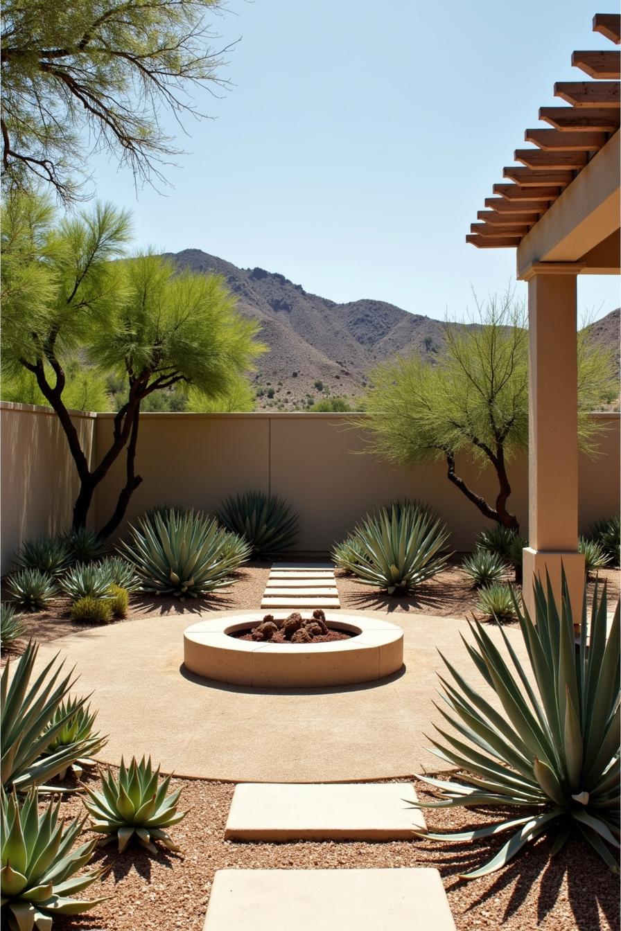 Desert backyard with round fire pit and agave plants