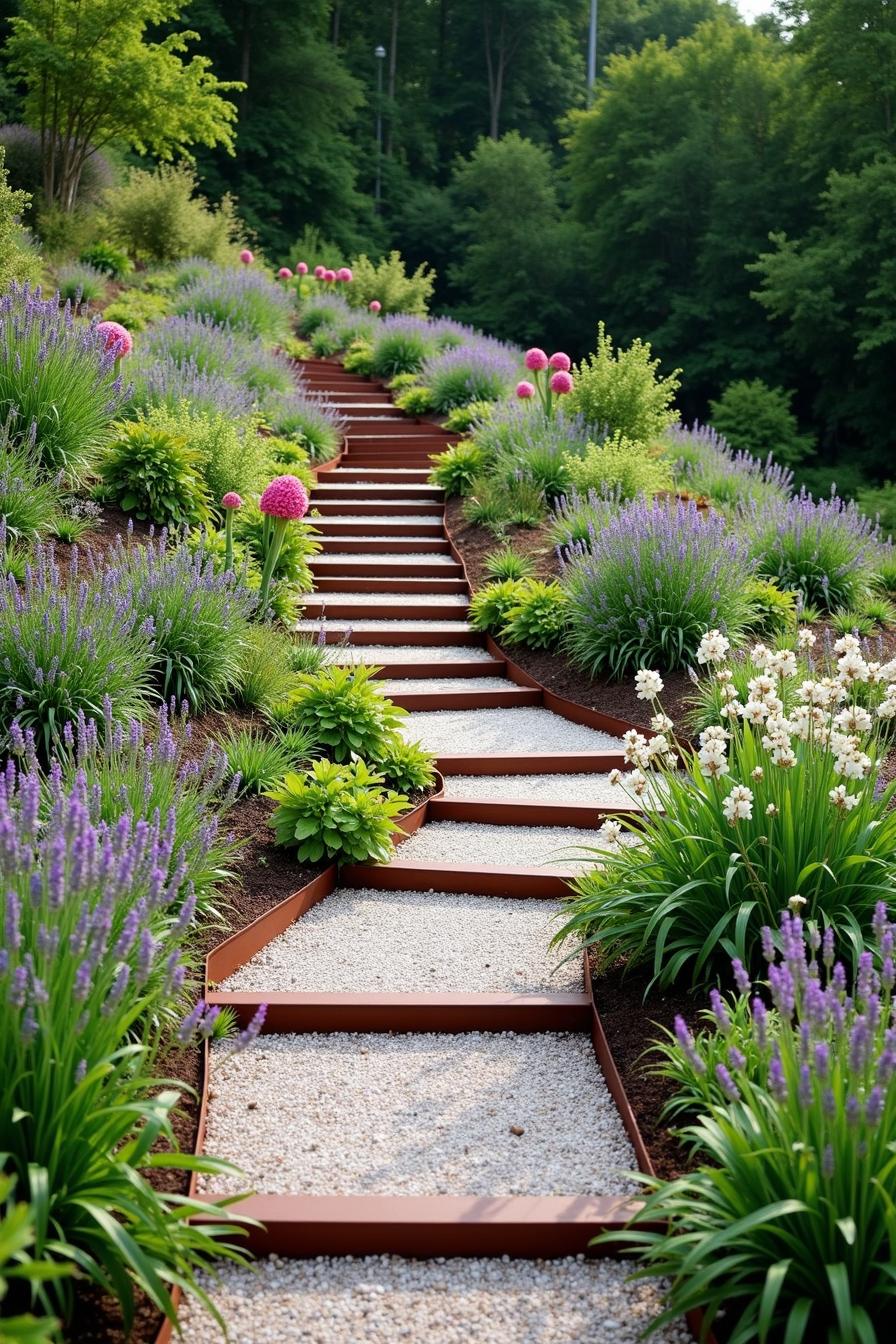 Stepped garden path bordered by vibrant lavender and greenery