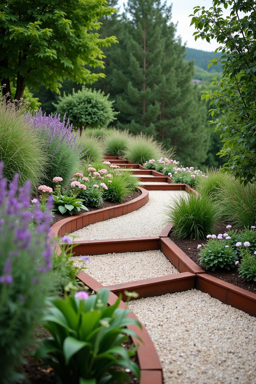 Curved gravel path bordered by colorful flowers and lush greenery