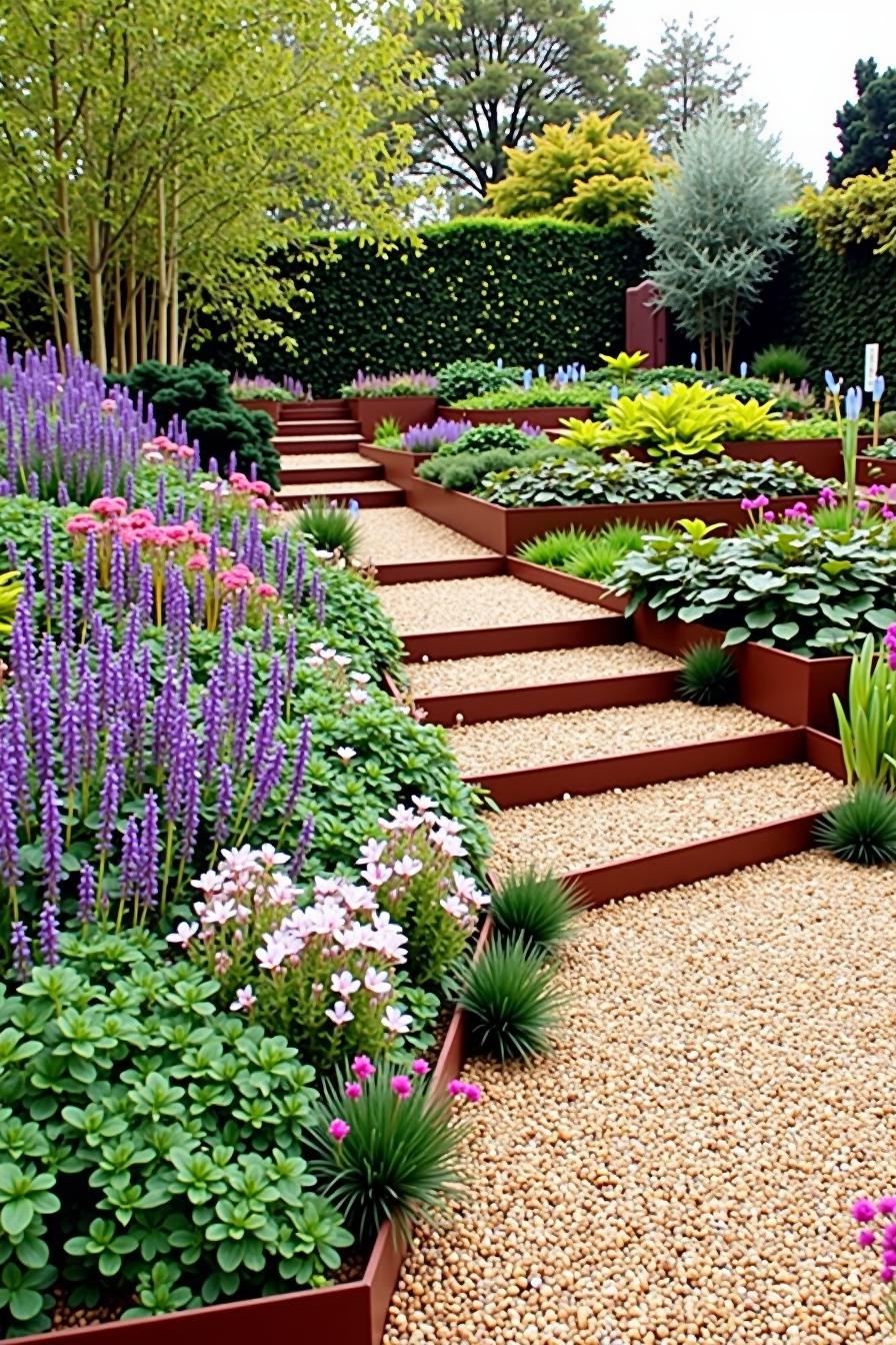 Lush garden steps bordered by vibrant flowers