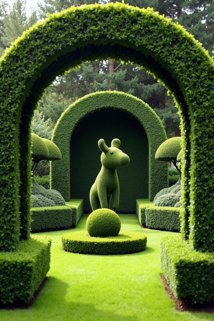 Green animal-shaped shrub centerpiece in a garden