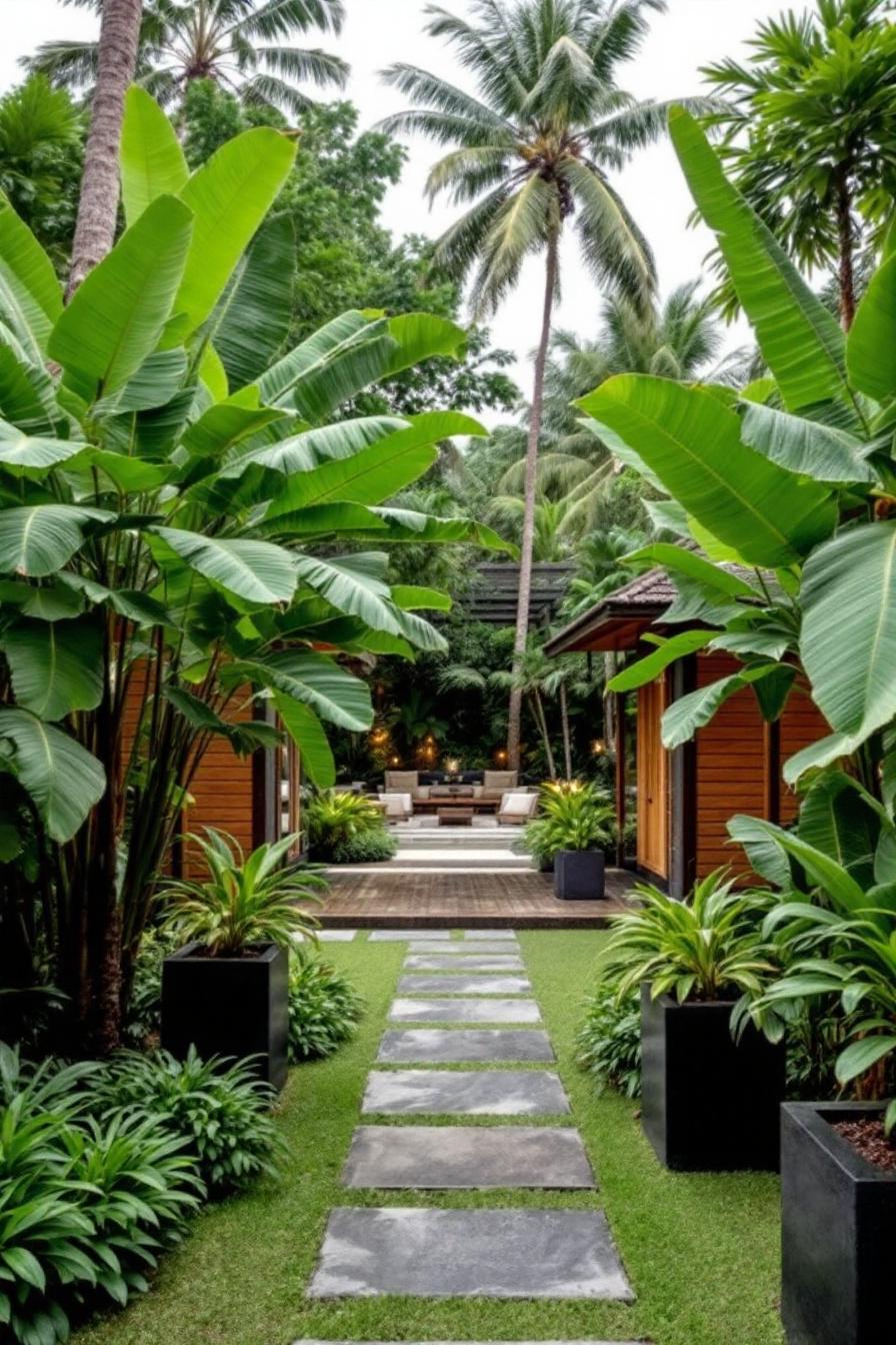 Stone pathway leading through lush garden with palm trees