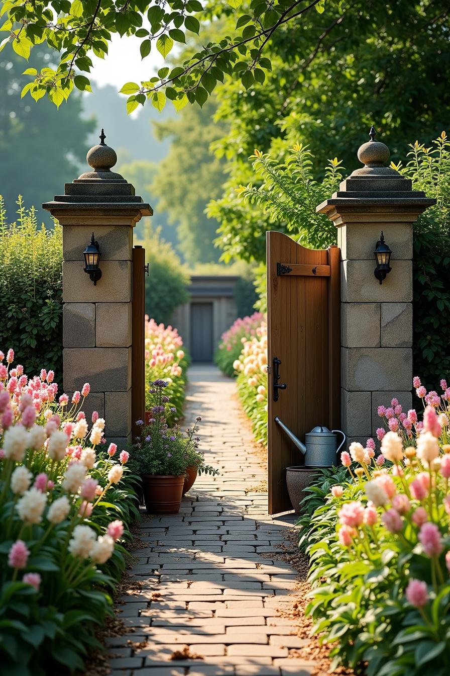 Stone path through garden gate flanked by flowers