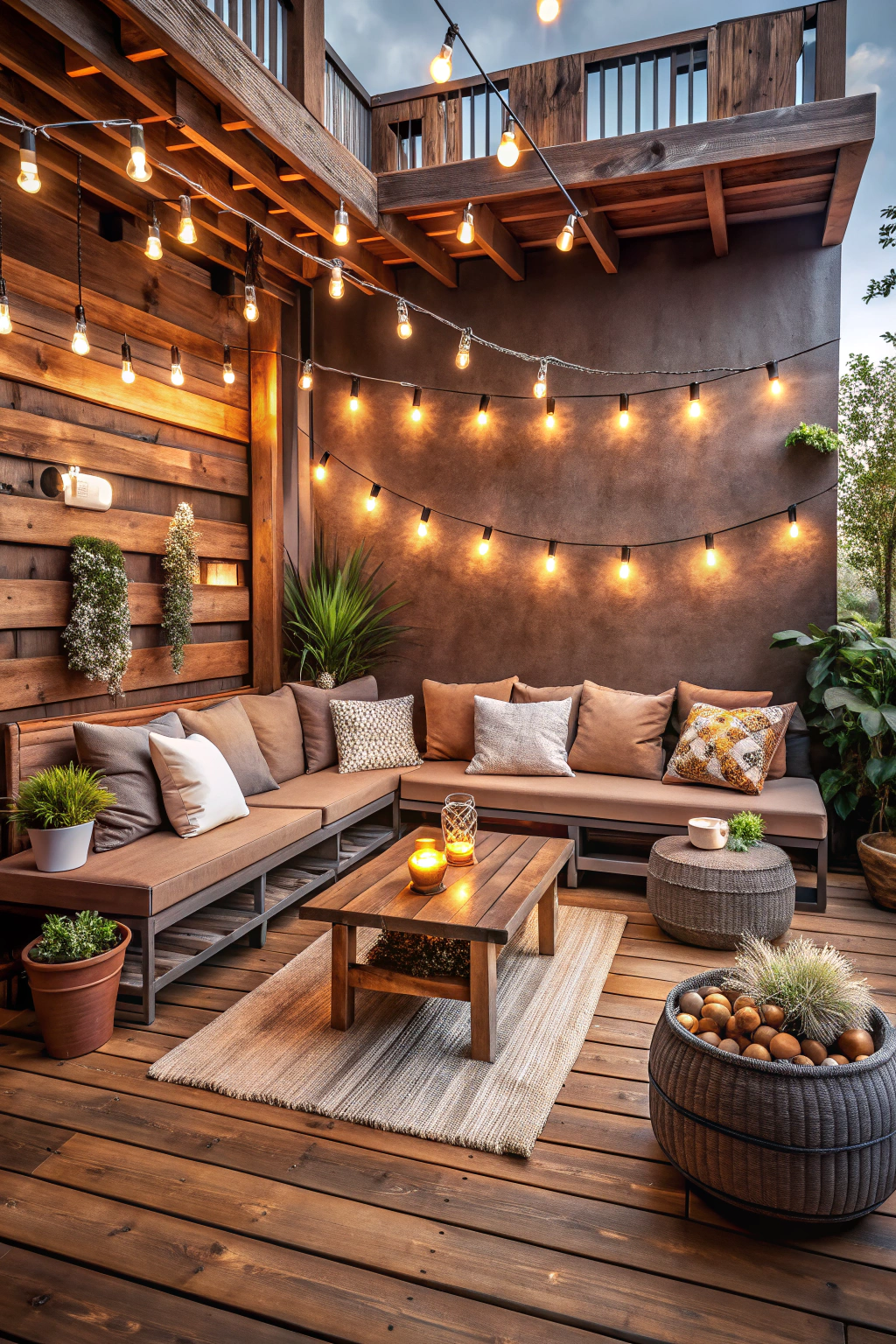 Modern terrace with a rustic aesthetic characterized by a warm earth toned color theme. The space boasts wooden architectural details including