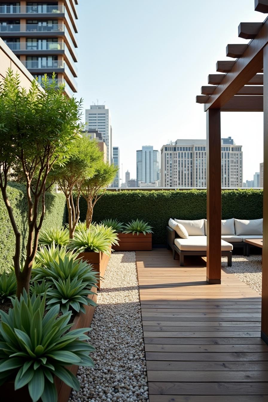 Rooftop terrace with greenery and city view