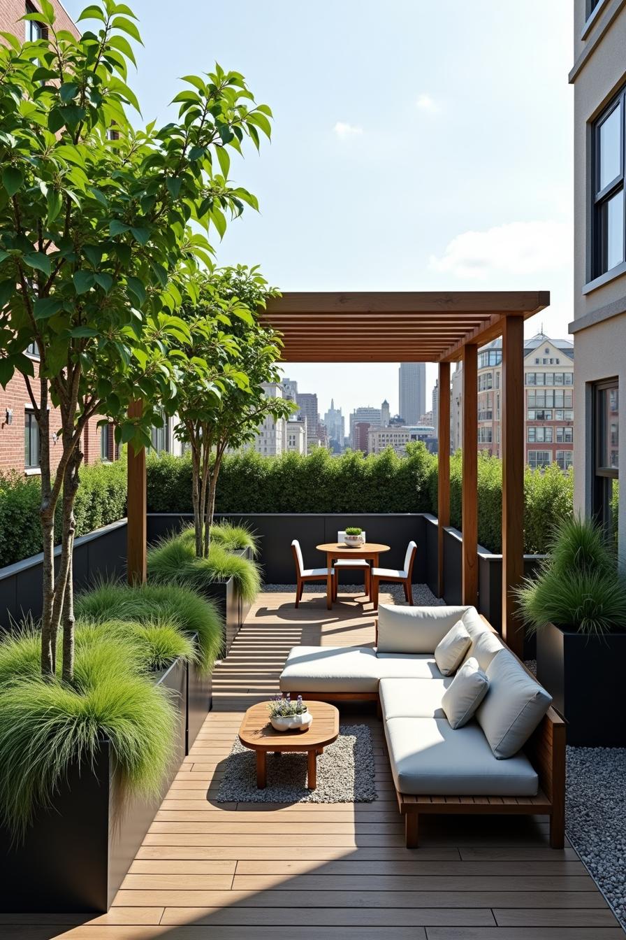 Chic rooftop garden with wooden furniture and lush plants