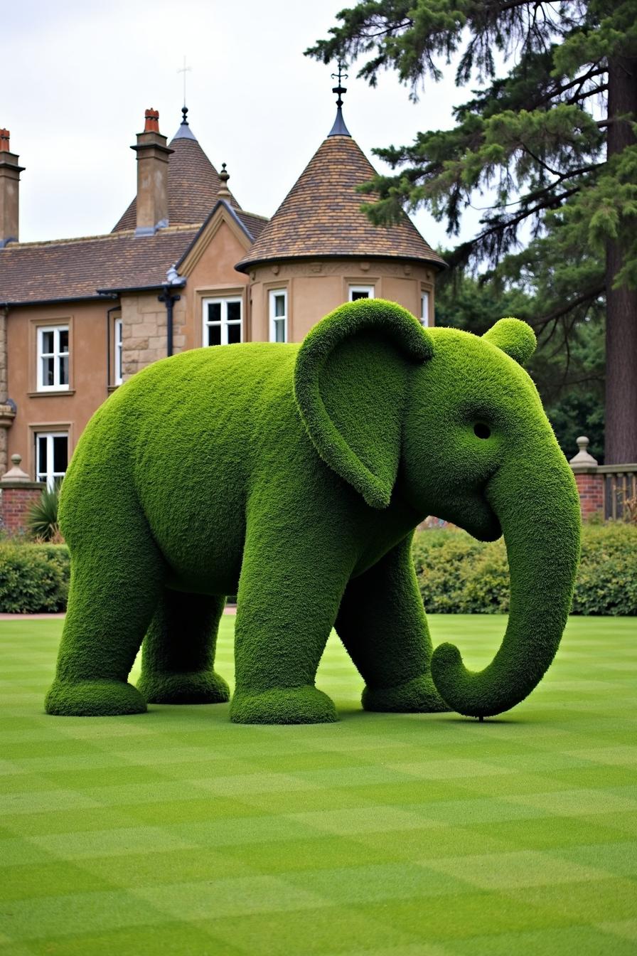 Topiary elephant on a lawn with a mansion backdrop