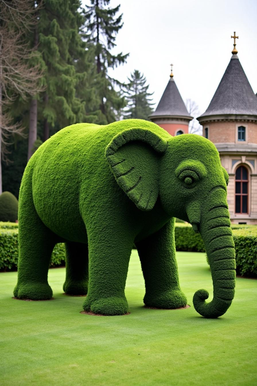 A formal garden with whimsical topiary shaped like an elephant exudes a playful yet sophisticated aesthetic. The lush greenery is meticulously