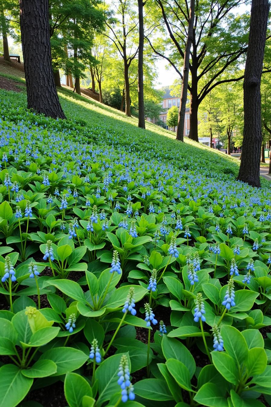 Hillside covered in vibrant greenery and blue flowers