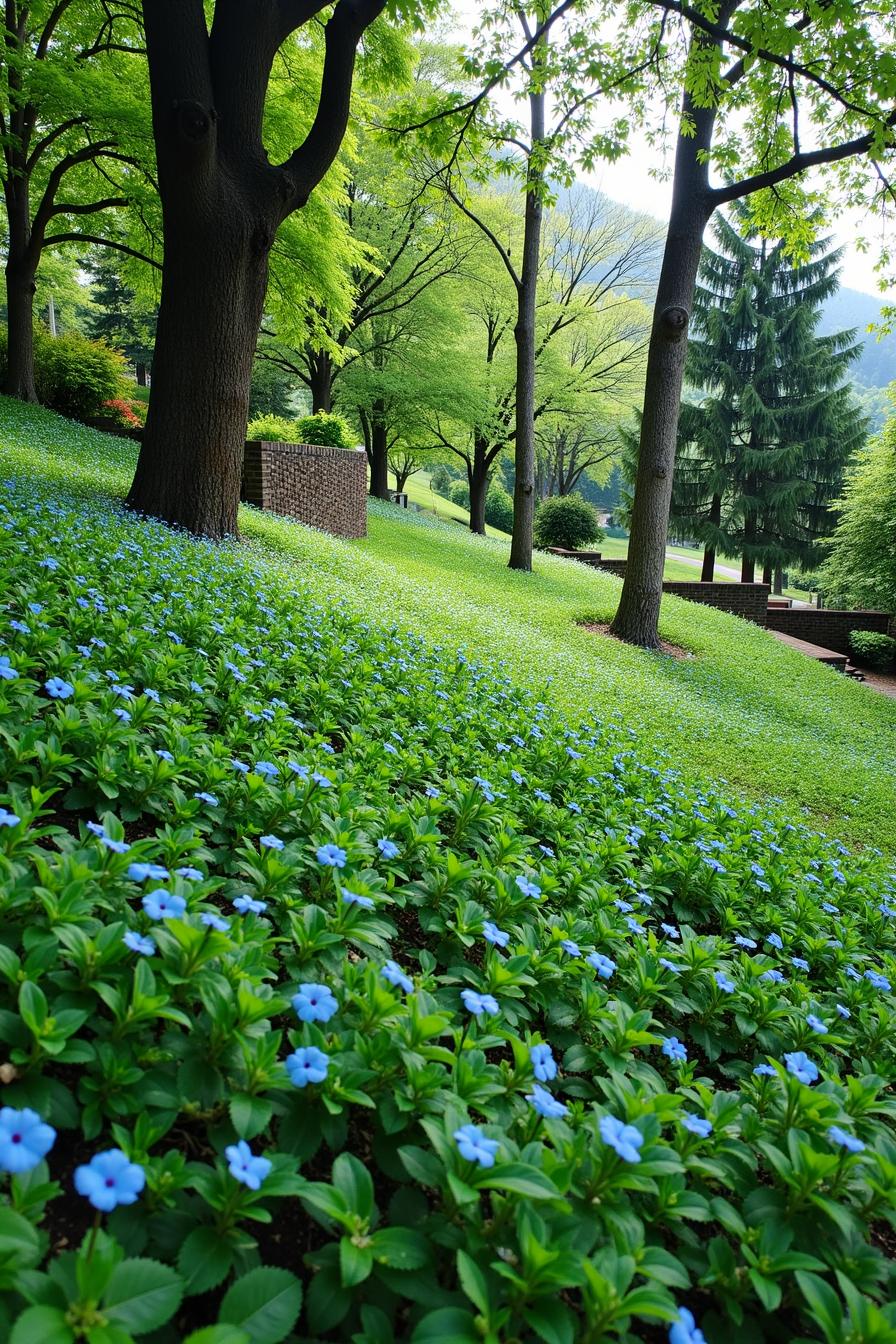 Quiet hillside covered with lush greenery and bright blue flowers