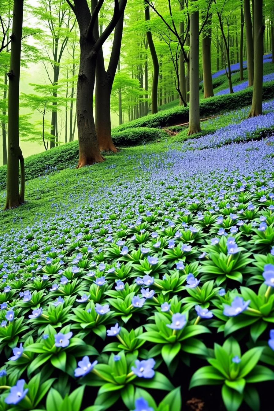 Carpet of blue flowers on a lush hillside