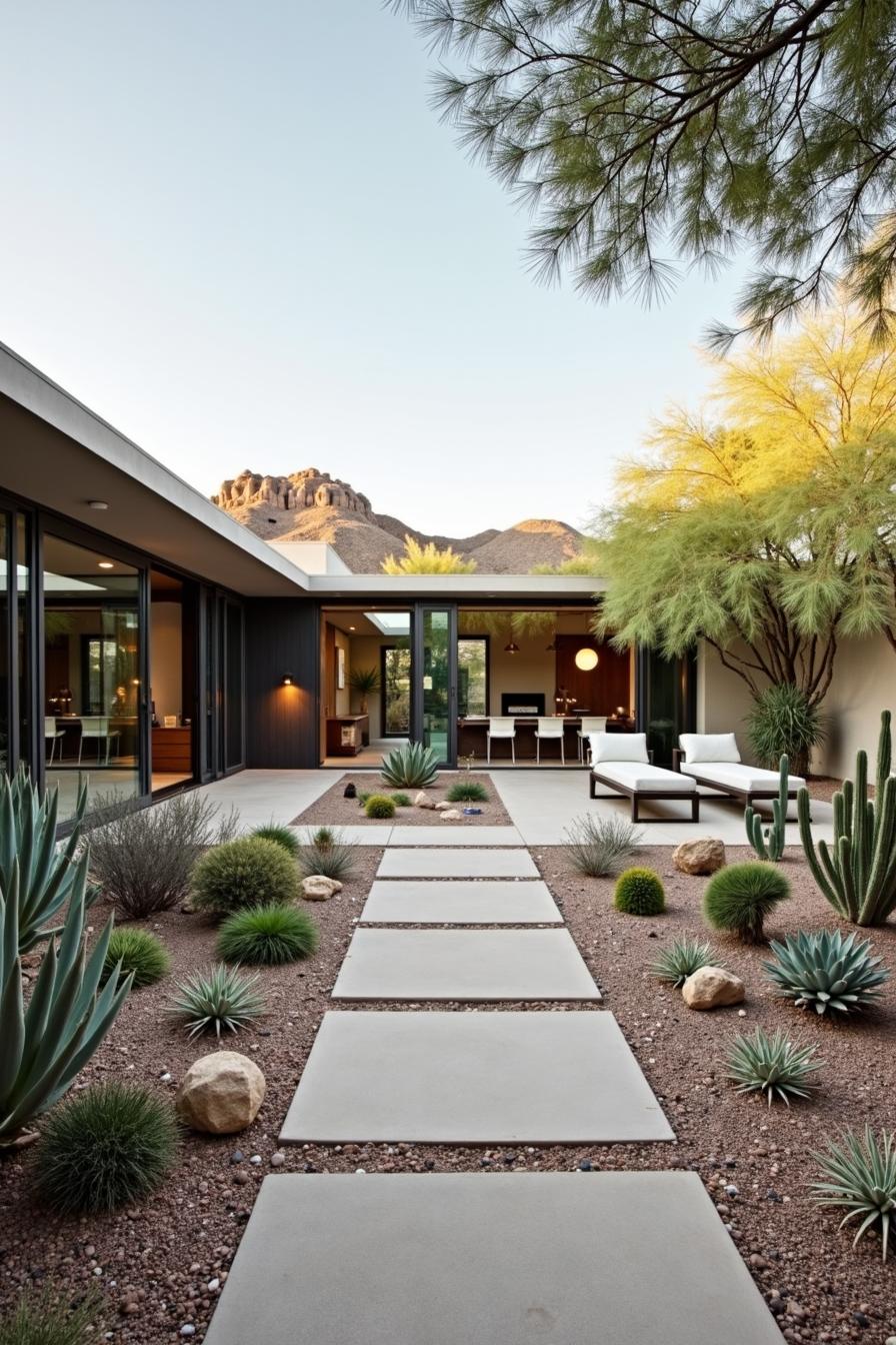 Modern desert courtyard with cacti and stone path