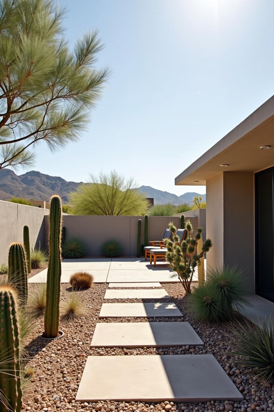 A serene desert patio with cacti and mountain views