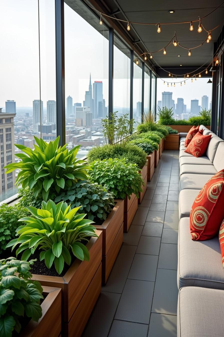 Rooftop lounge with lush plants and city view