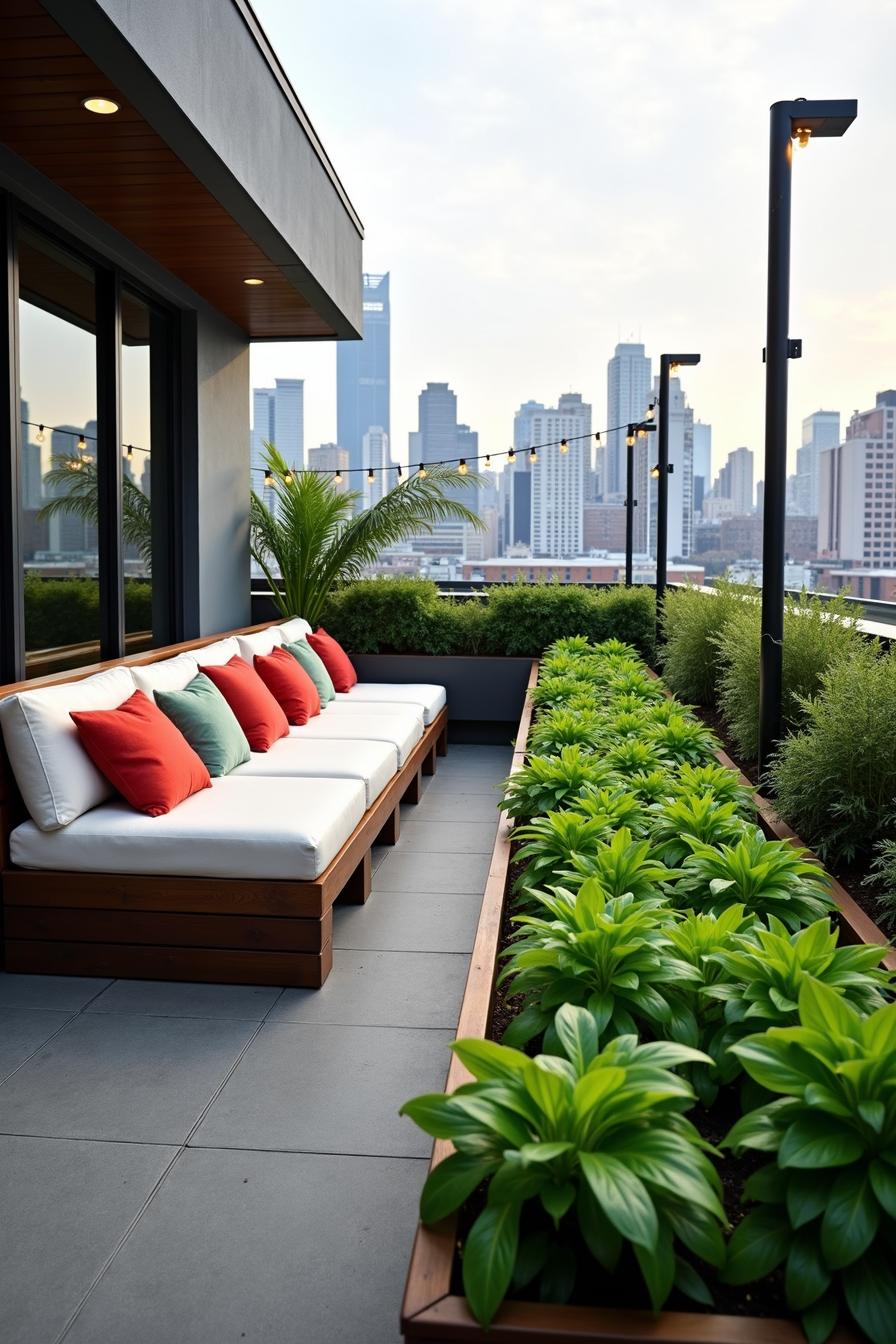 Chic rooftop garden with seating and plants