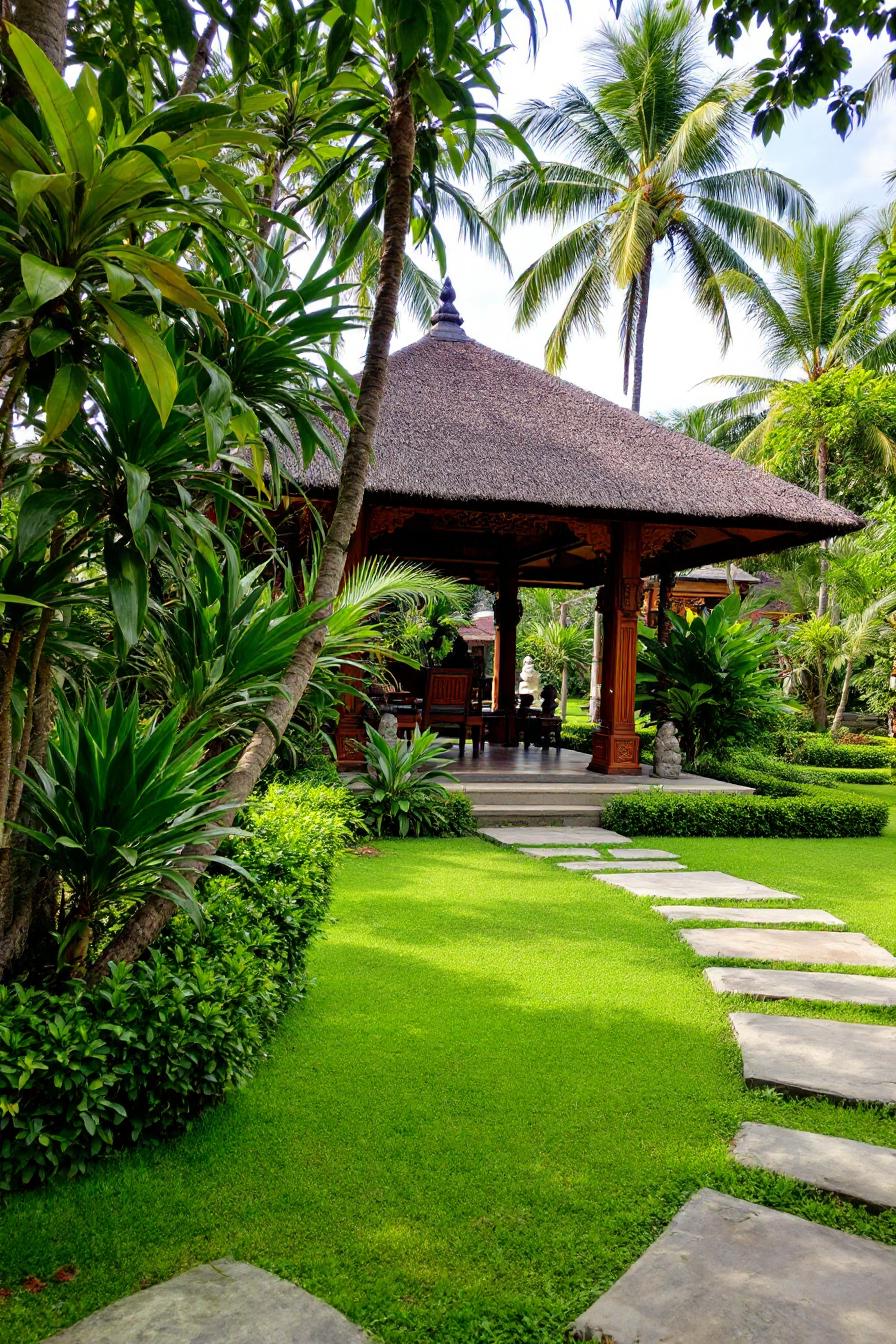 Lush garden path leading to a Balinese pavilion