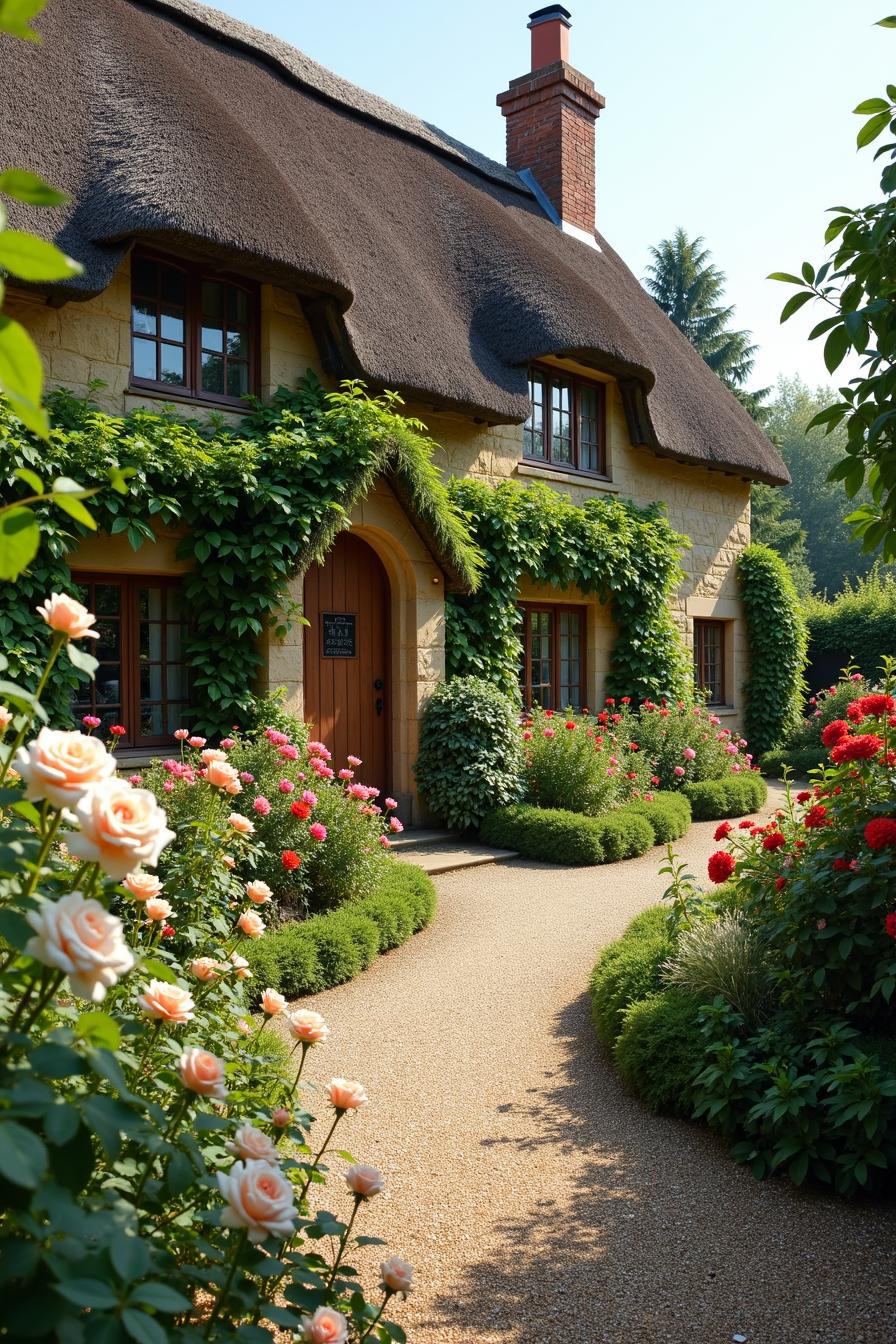 Charming cottage with lush garden path and blooming roses