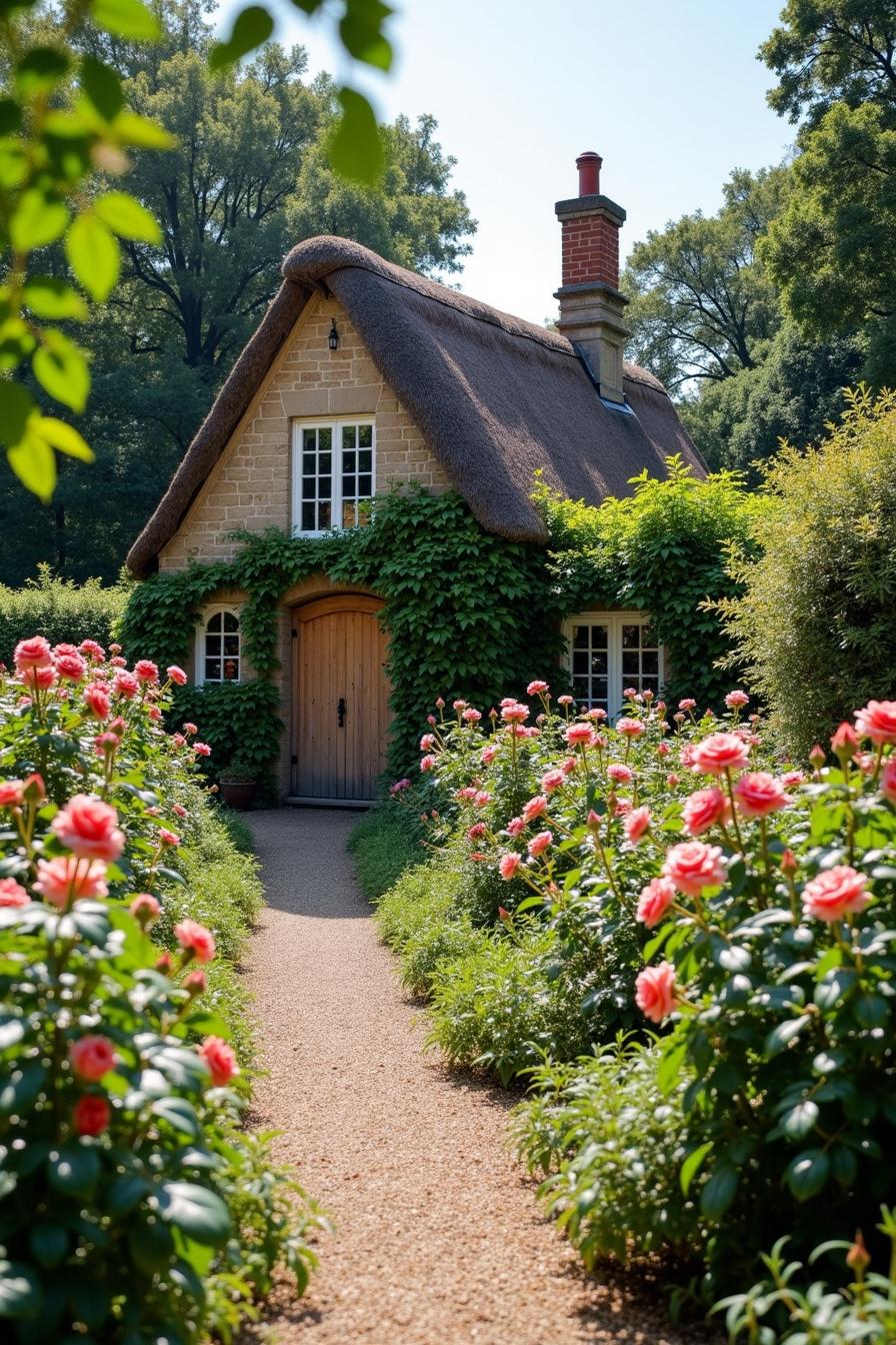 Quaint cottage peeks through lush garden roses