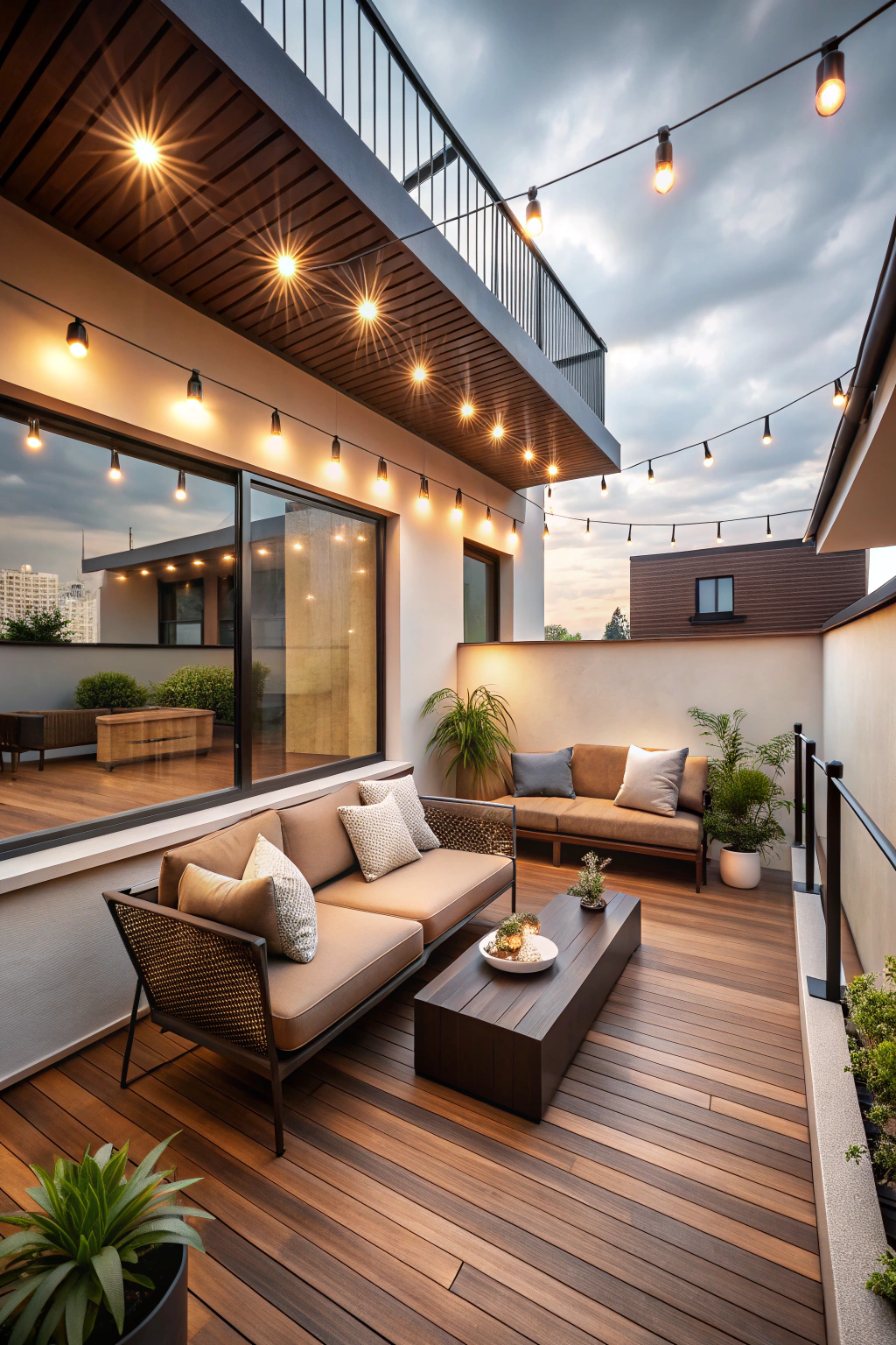 Cozy terrace with string lights and wooden furniture