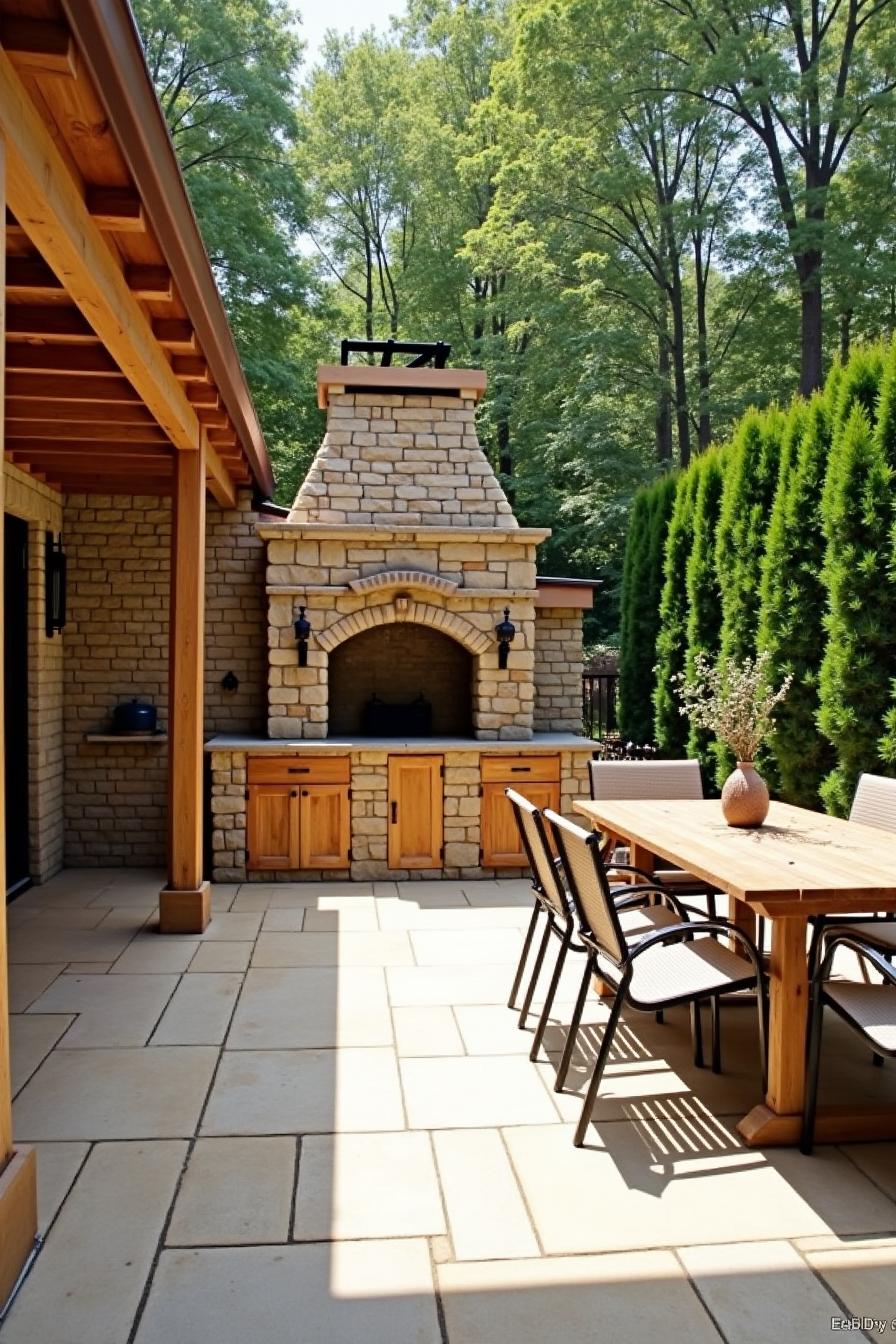 Outdoor kitchen with brick oven and dining area