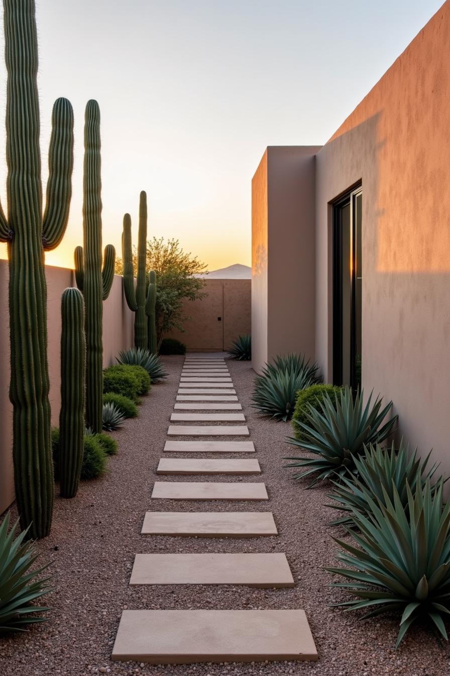 Modern desert pathway lined with cacti and agave