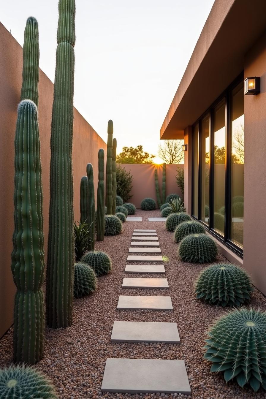 Cacti and pathway in a desert-themed backyard during sunset