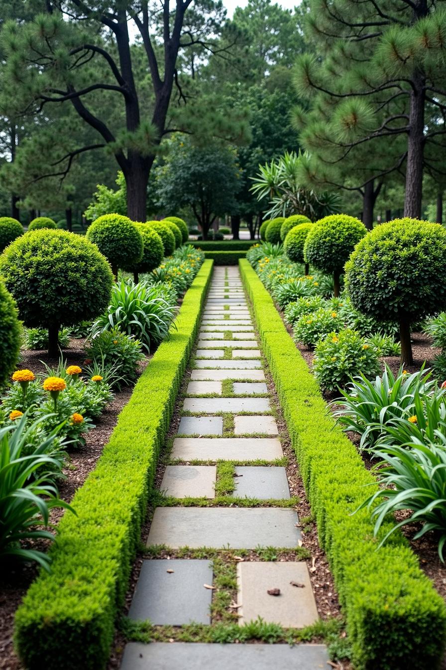 Neatly trimmed garden with spherical shrubs and a stone pathway