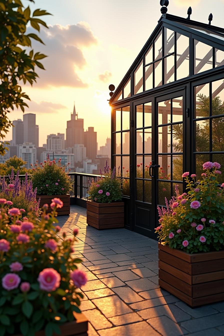 Rooftop greenhouse with city view at sunset, surrounded by flower planters