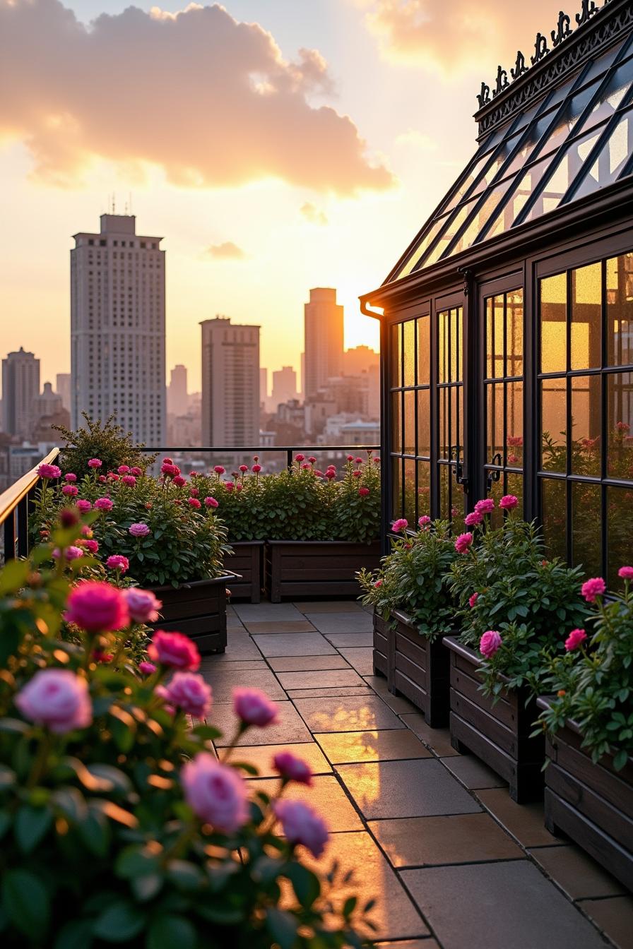 A rooftop garden with a serene and picturesque aesthetic characterized by a glass greenhouse that captures the warm tones of the setting sun. Lush